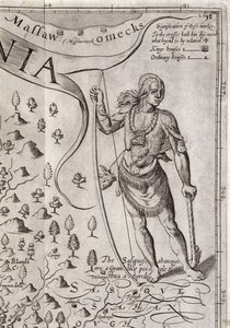 Susquehannock warrior, detail z mapy Virginie, vyrytý Williamem Holem (fl. 1607-24), publikováno 1612 (viz 174211)